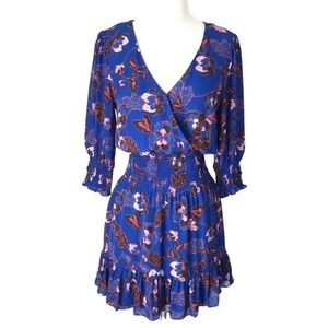 Parker Silk Blue & Red Floral Ruffle A-Line Mini Dress- XS‎